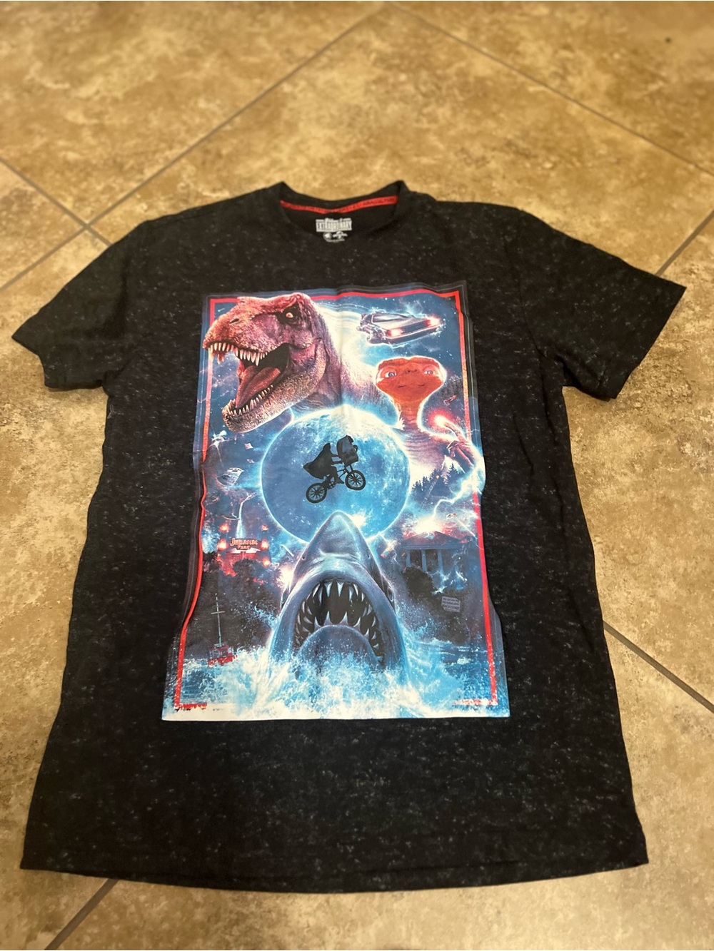 Universal Black Short Sleeve Graphic Tee with Blue & Red Sci‑Fi Print